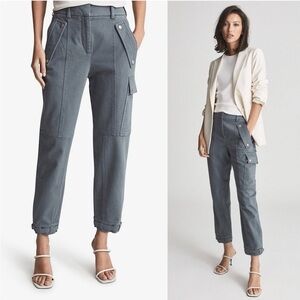 Reiss Tate High-Waisted Cargo Slim Trouser Ankle Pants Pockets Gray Preppy 6